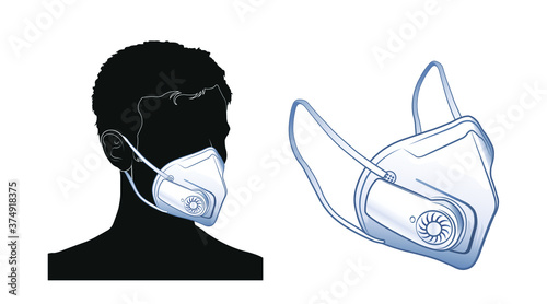 Man wearing a mask with exhalation valve.
