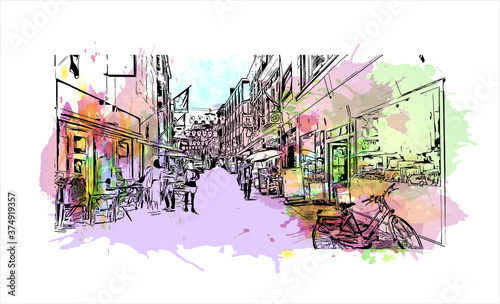 Building view with landmark of Arnhem is a city and municipality situated in the eastern part of the Netherlands. Watercolor splash with hand drawn sketch illustration in vector.