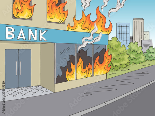 Fire in bank exterior graphic color sketch city landscape illustration vector