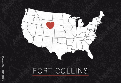 Love Fort Collins Picture. Map of United States with Heart as City Point. Vector Stock Illustration