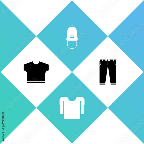Set T-shirt, Long sleeve, Police cap with cockade and Pants icon. Vector.