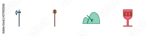 Set Medieval halberd, chained mace ball, Bale of hay and rake and goblet icon. Vector.
