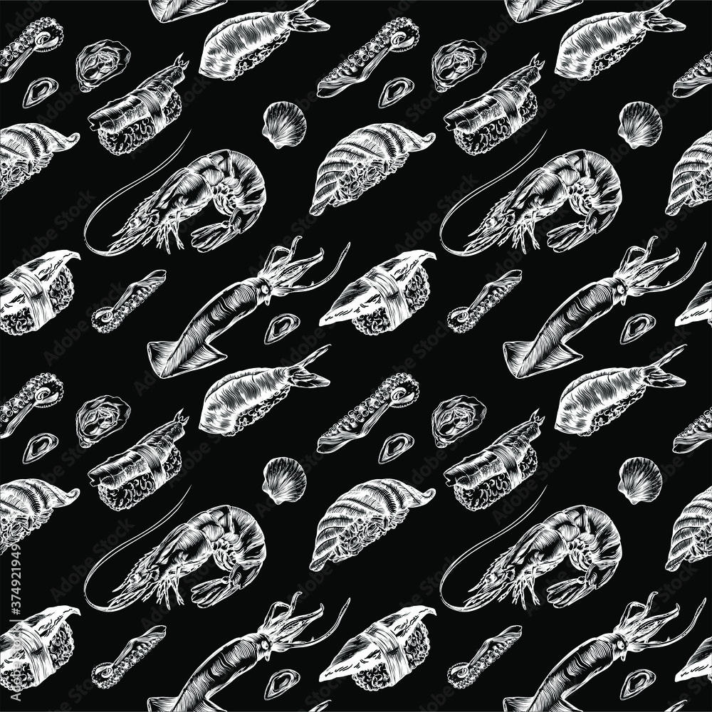 Vector illustration of sushi and rolls. Seamless seam, pattern, print. High detail rendering.