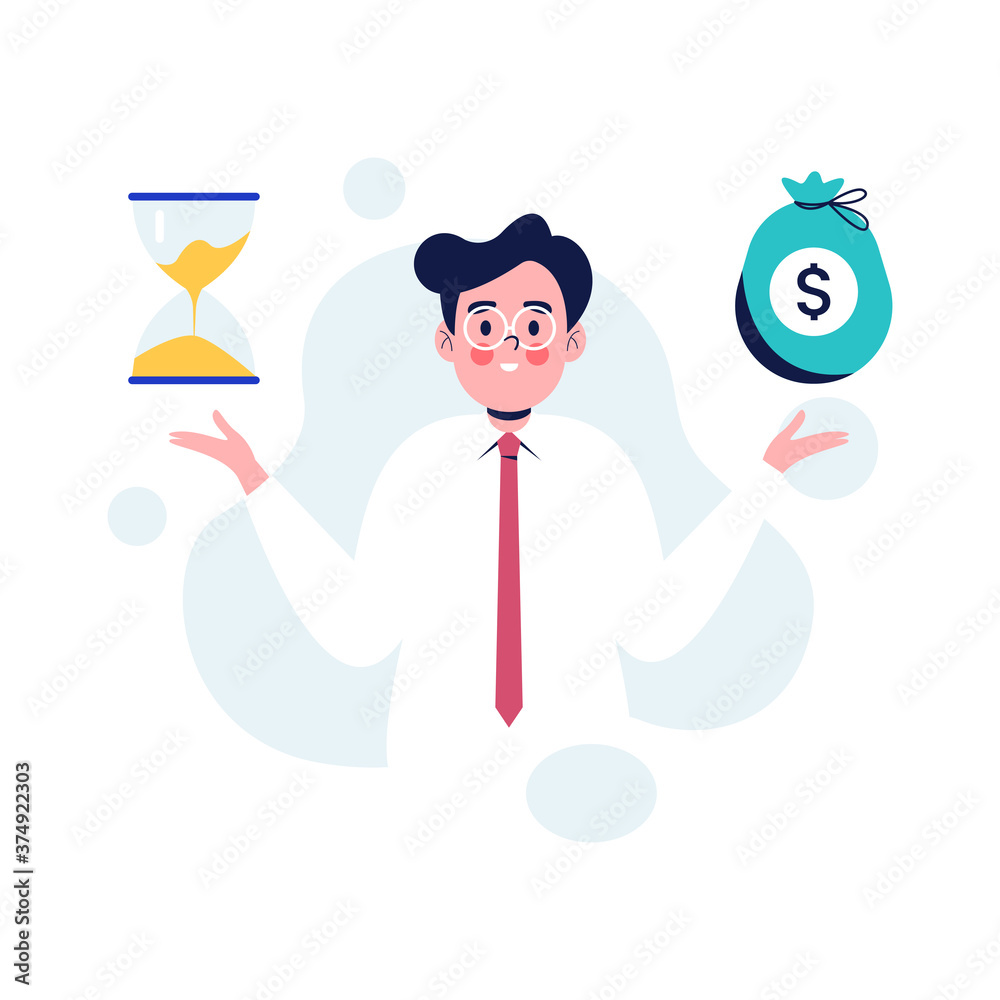 Time is money concept. Handsome businessman with sand clock and money