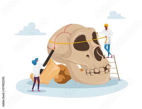 Characters Study Ancient Anthropology. Tiny People Measuring Huge Human Skull for Neanderthal or Prehistoric Testimonies