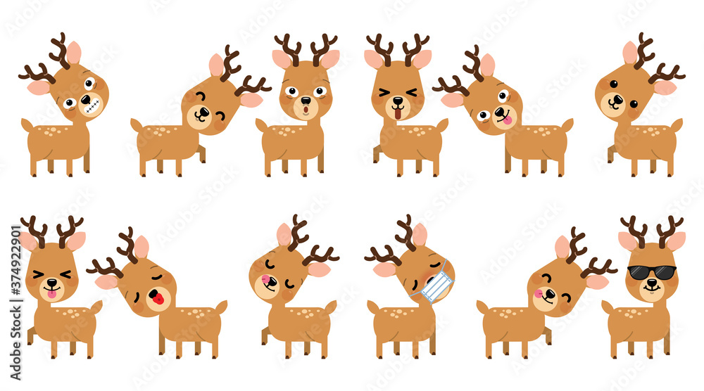 Set of expression of emotions of funny reindeer for Christmas decoration set isolated on white background. Vector Illustration. Set of expression of emotions of funny reindeer for Christmas decoration set isolated on white background. Vector Illustration.