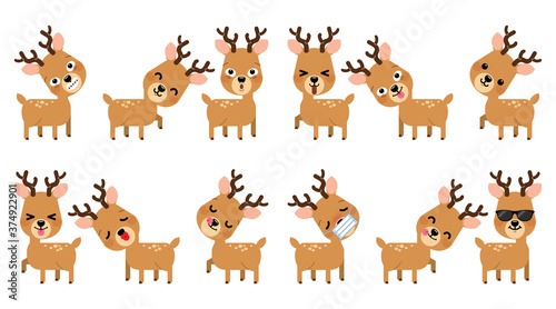Set of expression of emotions of funny reindeer for Christmas decoration set isolated on white background. Vector Illustration.