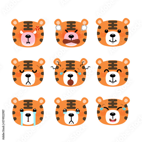 Set of cute cartoon tiger emoji set isolated on white background. Vector Illustration.