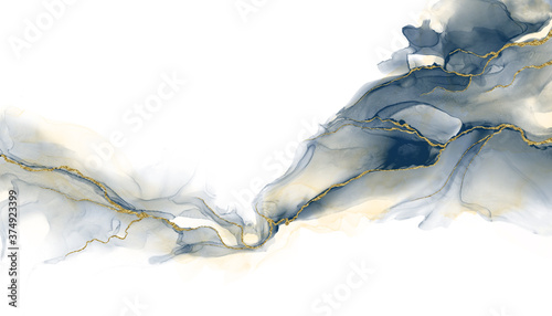 Abstract fluid art painting background alcohol ink technique deep blue and gold with text space for banner, background in luxury style.