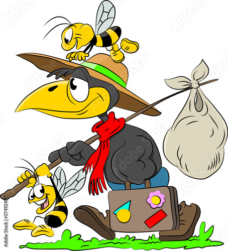 Cartoon crow carrying a suitcase goes for a vacation vector illustration 