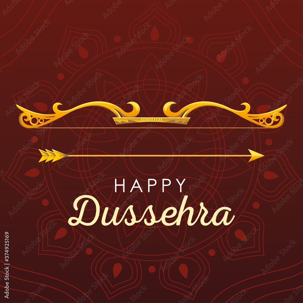 happy Dussehra greeting card with gold lettering and decoration