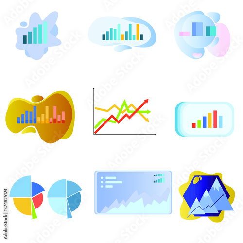 The diagrams with business elements and charts, flat design