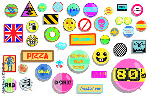 set of 1980's buttons and pins bright fun and colorful