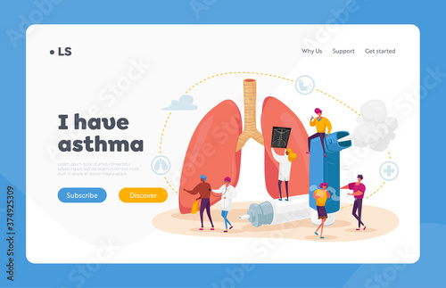 Pulmonology and Asthma Disease Landing Page Template. Tiny Characters at Huge Lungs and Inhaler, Respiratory System