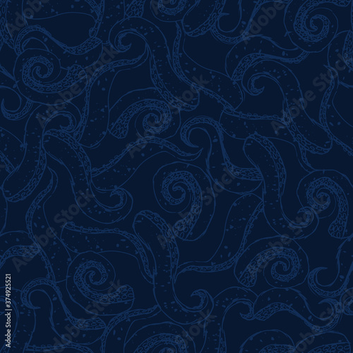 cartoon octopus tentacles on dark blue background seamless pattern, hand drawn thin lines silhouettes, editable vector illustration