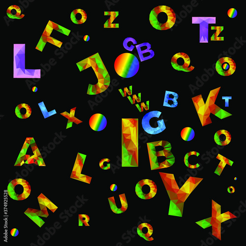 Alphabet, LGBT letters with bright rainbow pattern on black background