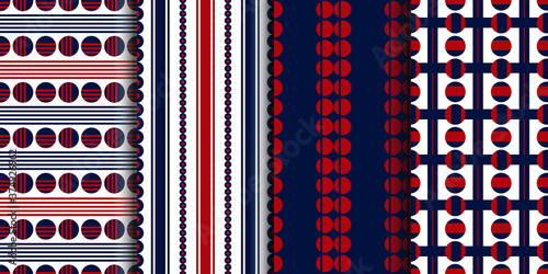 Set of Seamless abstract colorful stripes patterns with circles. Seamless geometric pattern in retro colors. Vector