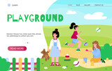 Kindergarten playground landing page for website. Children walking and playing toys in park with nature and fresh air, flat cartoon vector illustration