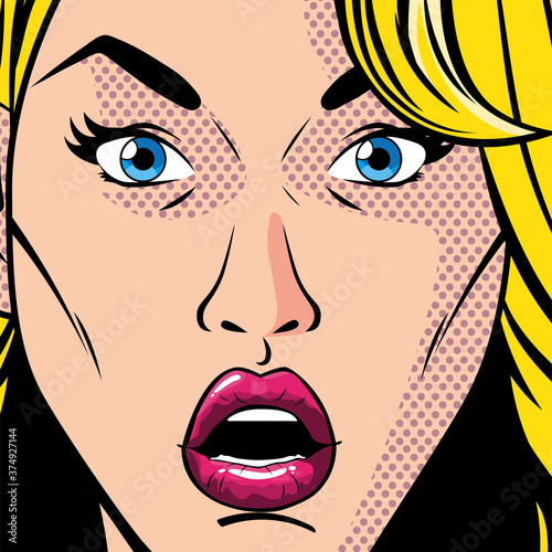 portrait of blonde woman with open mouth, surprised, style pop art