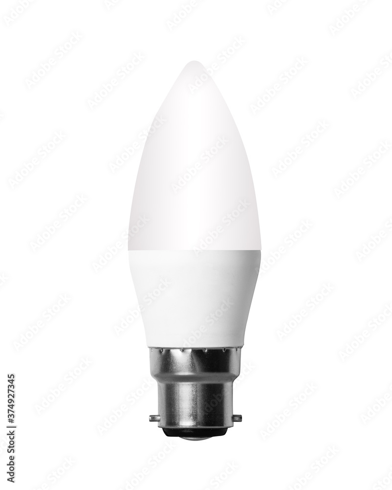 Isolated cutout LED candle bulb with UK B22 bayonet fitting and set against white background Isolated cutout LED candle bulb with UK B22 bayonet fitting and set against white background