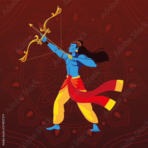 lord Rama with bow and arrow on floral decorative background