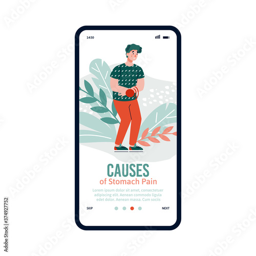 Causes of stomach pain banner for onboarding mobile app page with character. Gastritis and flatulence problems painful symptoms and causes, cartoon vector illustration.