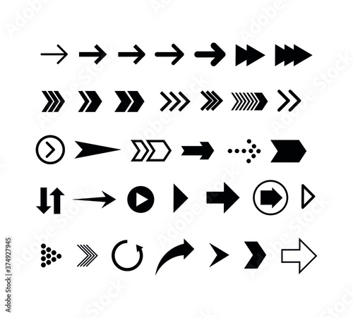 Set of black arrows. Collection of different styles. Vector illustration.