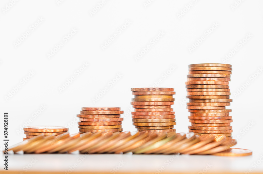 copper coin stack row growing pile on white background for money saving and investment business financial and banking concept.