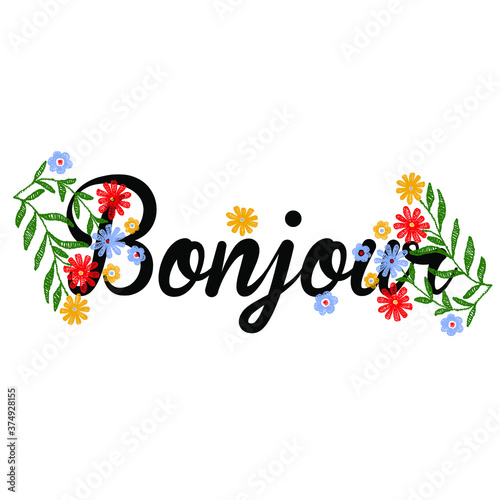 Handdrawn slogan graphic print for t-shirt design as a vector. Flower embroidery design with text. Randomly placed florals. Calligraphy script handwritten.