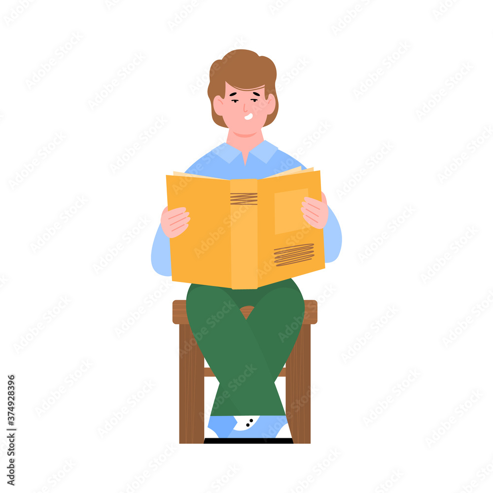 Teenager boy or young guy sitting and reading a book, flat cartoon vector illustration isolated on white background. Schooling and education, reading books concept. Teenager boy or young guy sitting and reading a book, flat cartoon vector illustration isolated on white background. Schooling and education, reading books concept.