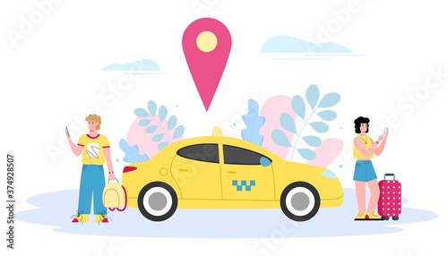 Tourists using mobile phone to order a taxi, cartoon vector illustration isolated on white background. Online taxi services for travel and city transportation.