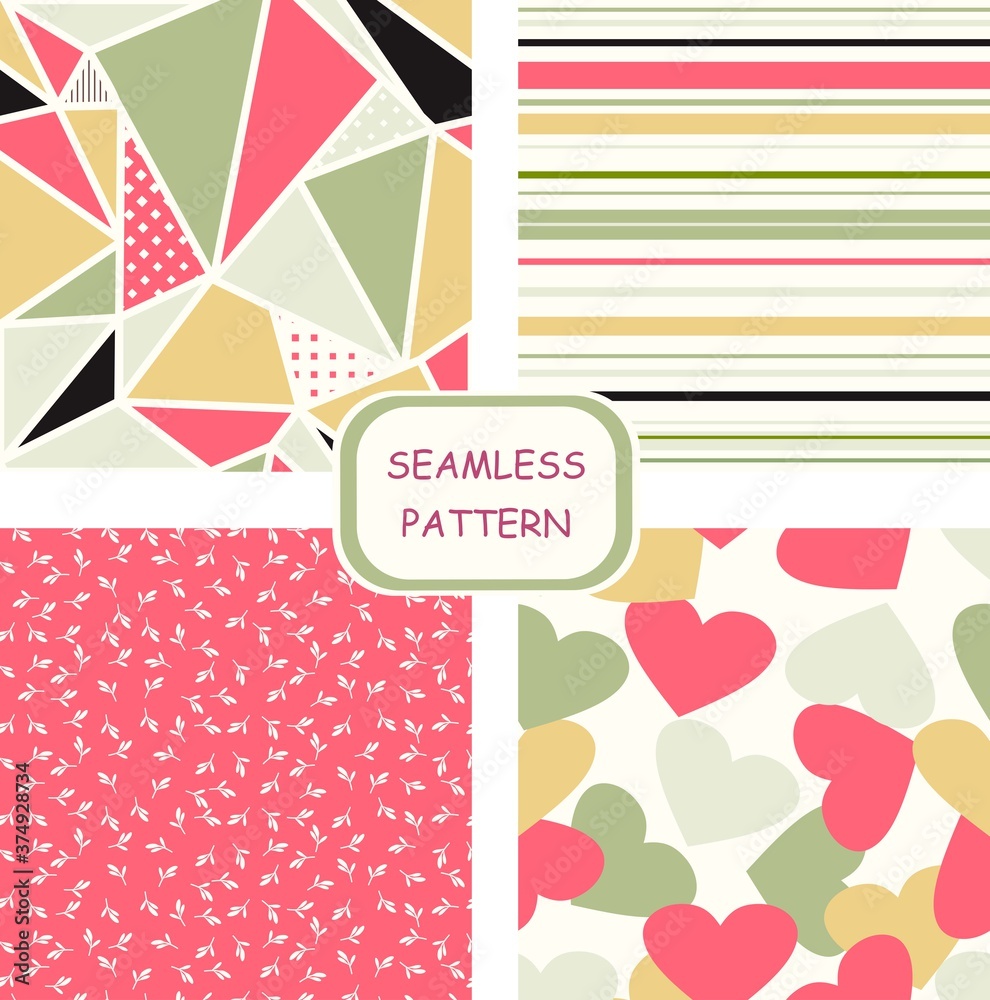 Set of seamless colorful pattern. Romantic cards