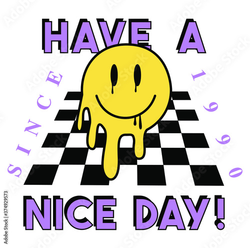 Happy Face Vector Art Illustration. Dripping Smile Face Icon. Fashion Illustration. 90's Slogan t-shirt print design.