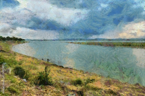 Landscape of the river Illustrations creates an impressionist style of painting.