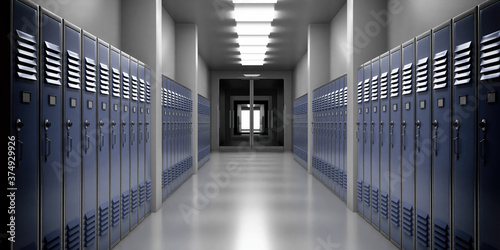 Fotografering High school lobby with blue color lockers, perspective view