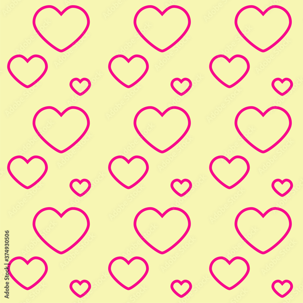 Seamless pattern with pink hearts on yellow board. Love concept. Design for packaging and backgrounds. Valentine's day spirit. Print for textile, clothes and design. Jpg file