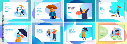 People character in various weather conditions. Man and woman in seasonal clothes and enjoys walking on street in rain, snowfall, summer heat. Colorful vector cartoon illustration