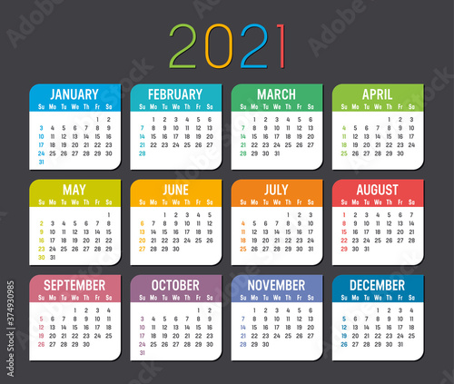 Year 2021 calendar vector template