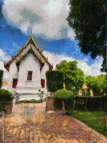 Landscape of ancient Thai architecture Illustrations creates an impressionist style of painting.