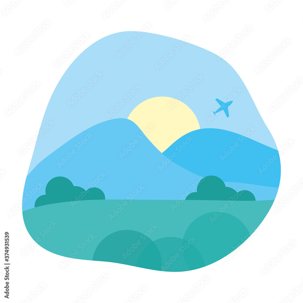 beautiful landscape with airplane flying scene