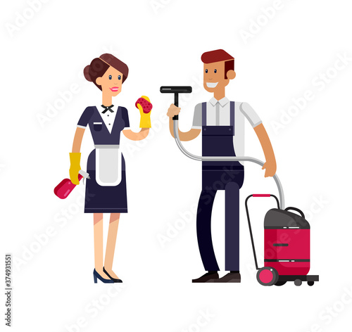 Vector detailed character professional housekeeper. Cleaning service and supplies. Flat illustration