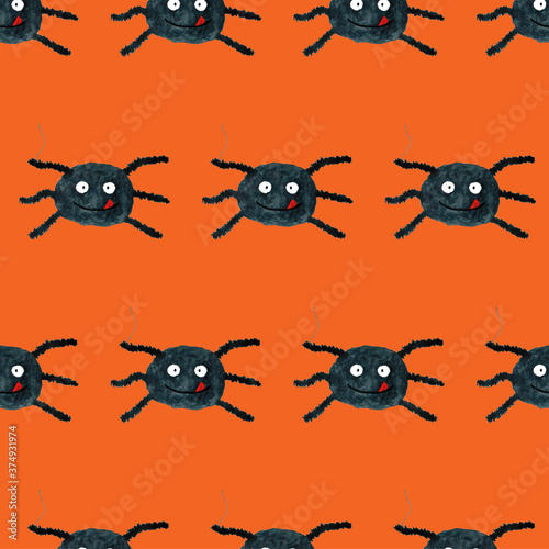 Halloween seamless pattern with funny cartoon spider. Endless texture for wallpaper, web page background, wrapping paper. Flat style. Black smiling spider with tongue on orange board
