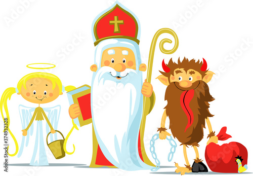 Saint Nicholas, Devil and Angel - Vector Illustration Isolated on White Background