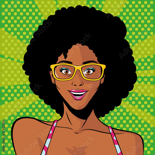 afro woman face with glasses, pop art style