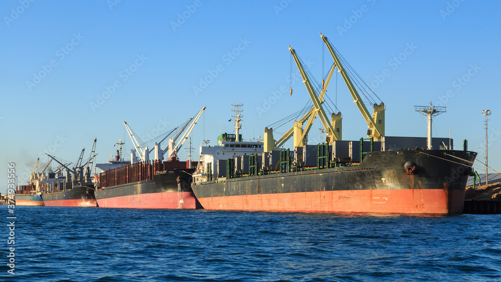 A row of bulk carrier ships in port, taking on cargo with their cranes