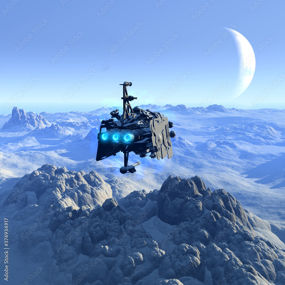 Obraz premium spaceship on the top of mountain, alien planet with ice and a moon