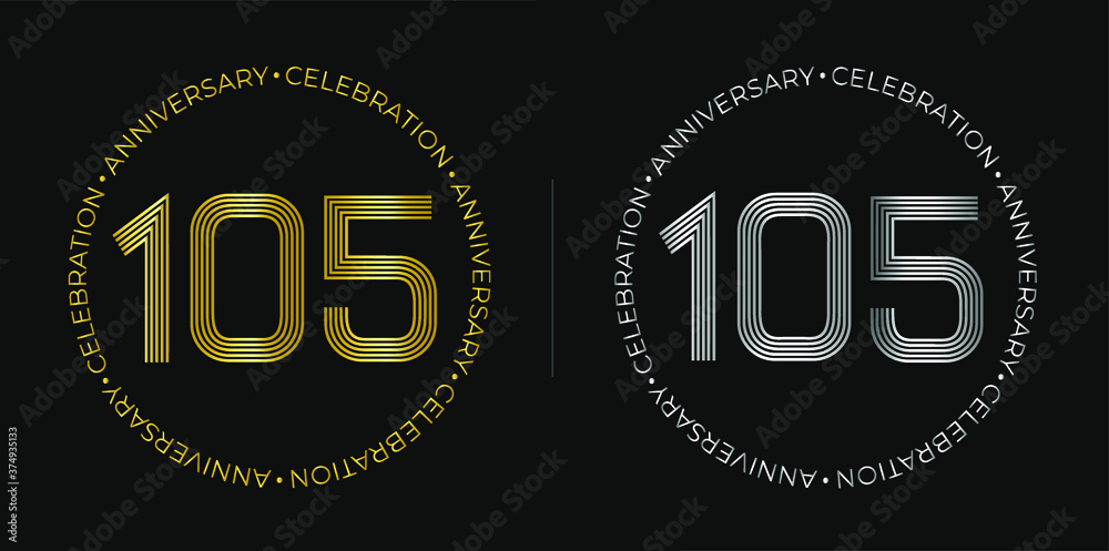 105th birthday. One hundred and five years anniversary celebration banner in golden and silver colors. Circular logo with original numbers design in elegant lines.