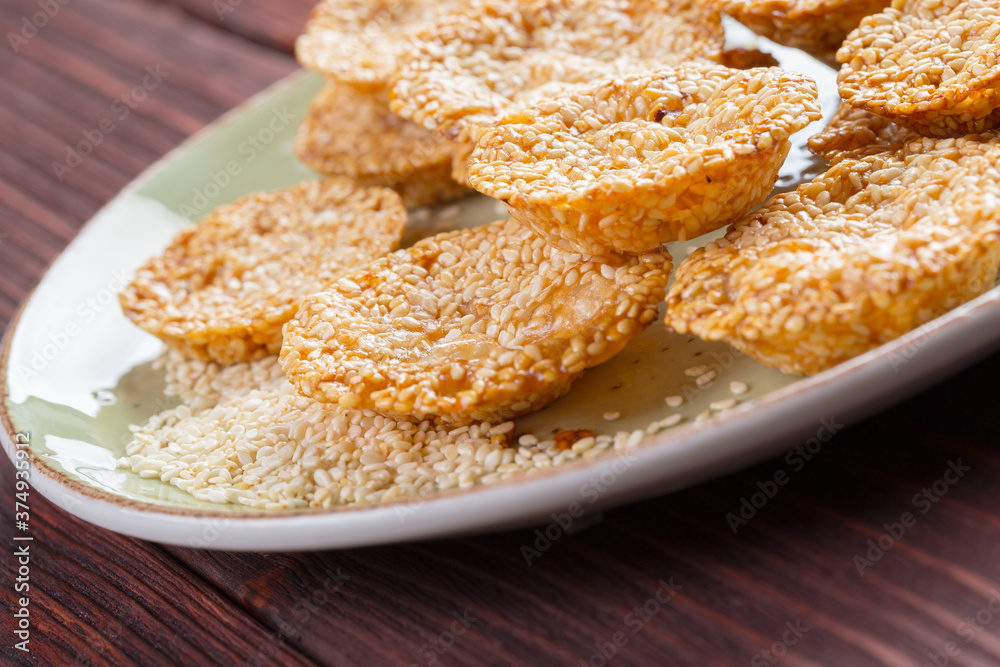 Oat cookies served on wooden table close up