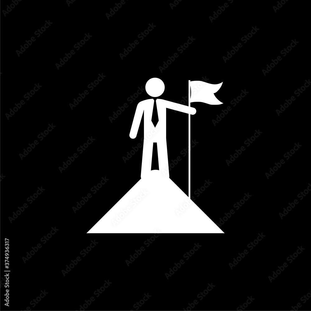 Man on top of mountain with flag icon isolated on dark background