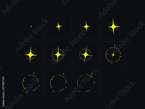 Shine VFX animation frame. Shine effect for video games, cartoon, advertising video and motion design.  Hand drawn vector illustration.